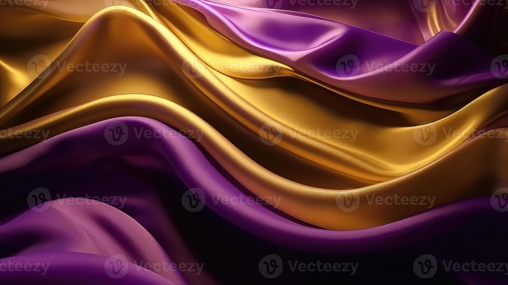 resumen antecedentes con 3d ola brillante oro y púrpura degradado seda tela. foto