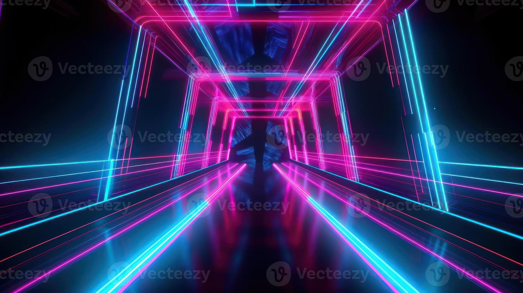 Abstract neon lights tunel background with pink and blue laser rays glowing lines 3d render. photo