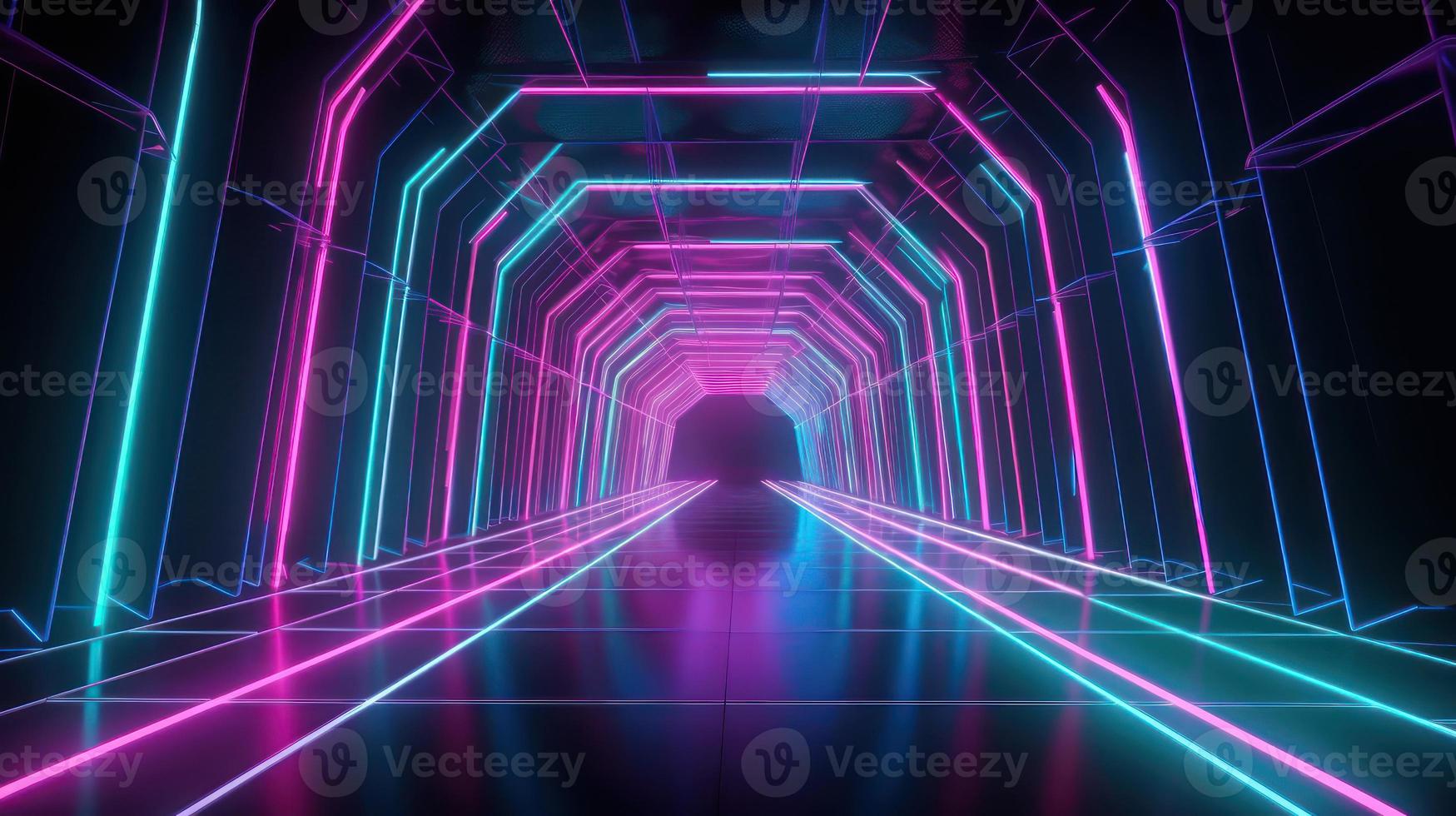 Abstract neon lights tunel background with pink and blue laser rays glowing lines 3d render. photo