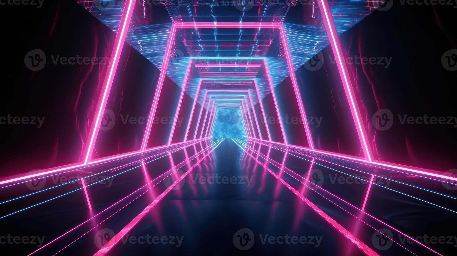 Abstract neon lights tunel background with pink and blue laser rays glowing lines 3d render. photo