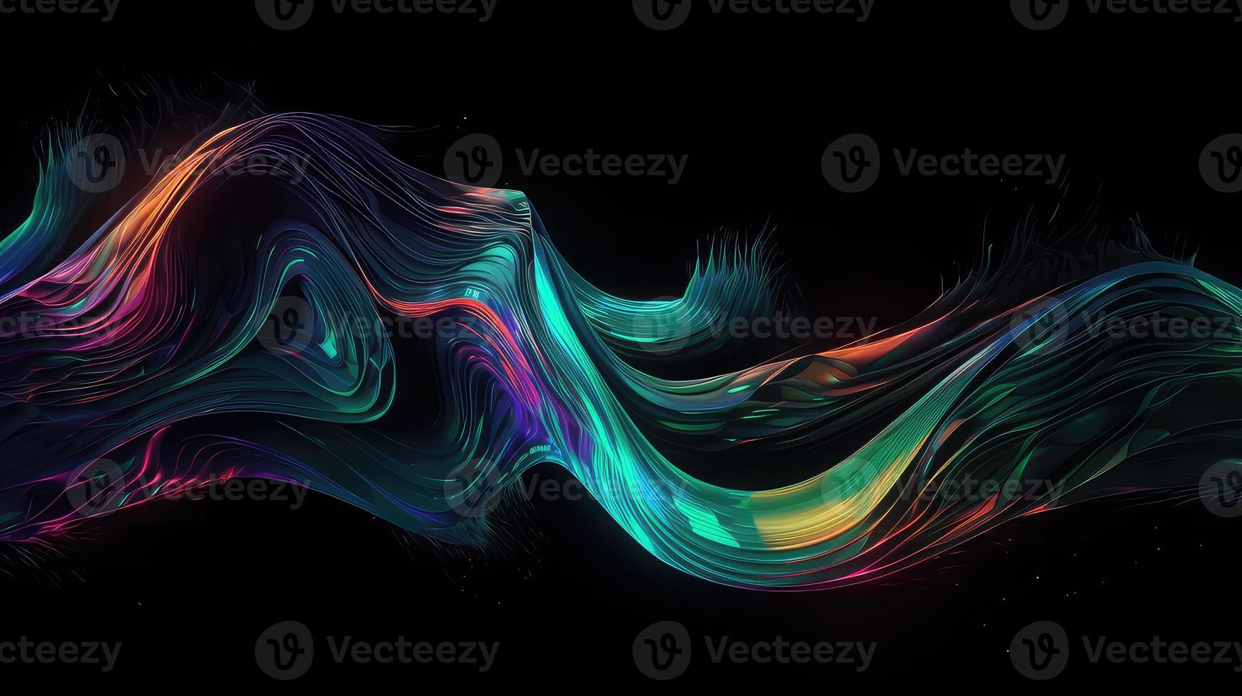 Abstract fluid 3d render holographic iridescent neon curved wave in motion dark background. photo