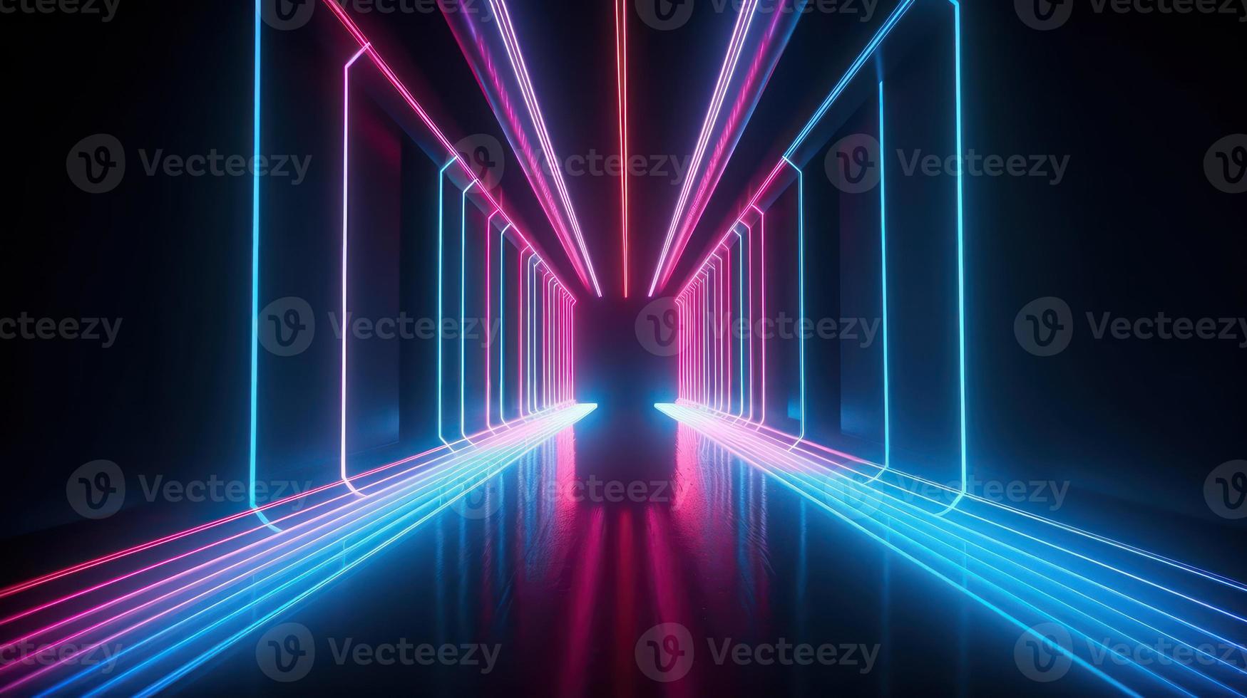 Abstract neon lights tunel background with pink and blue laser rays glowing lines 3d render. photo