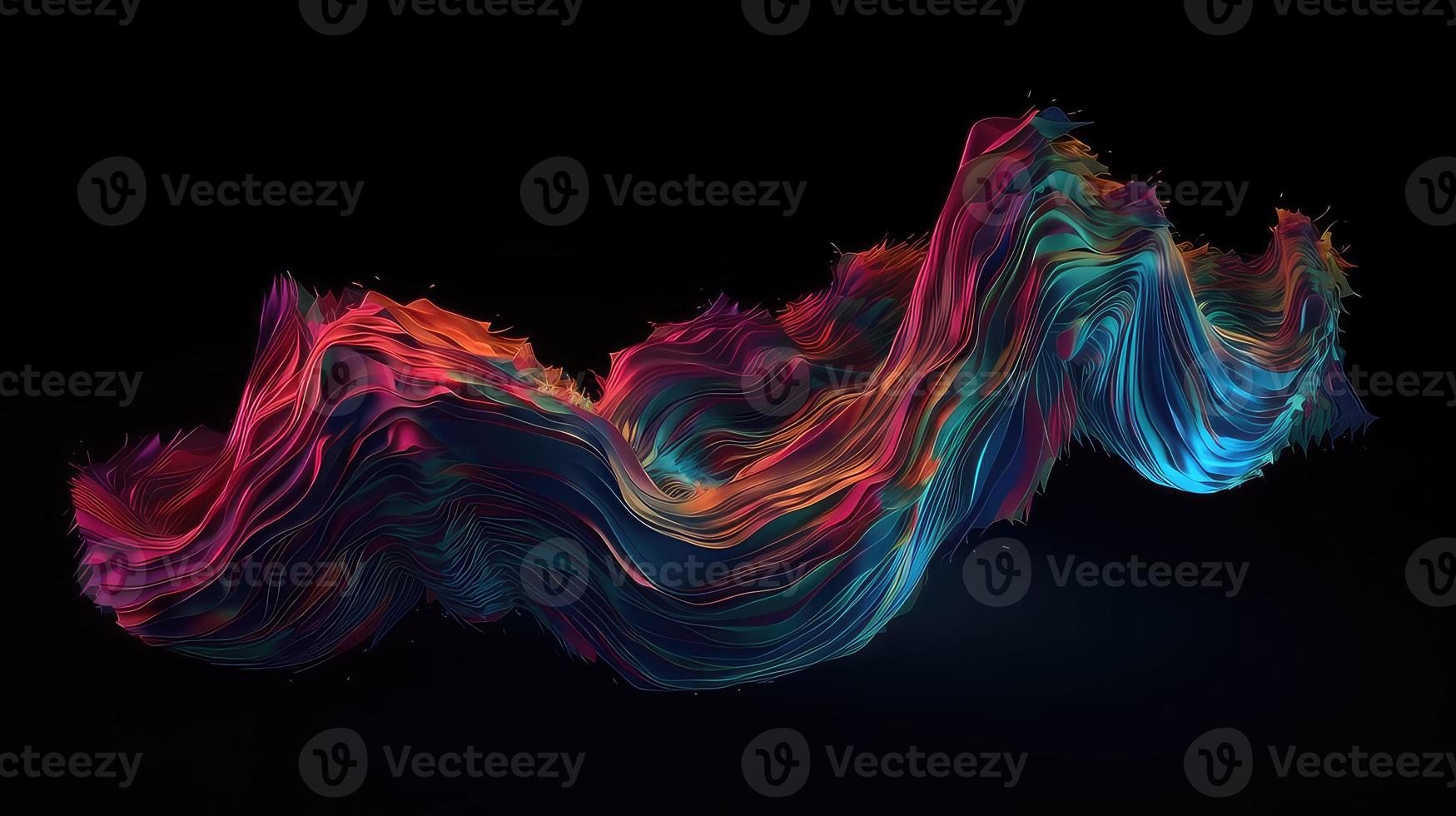 Abstract fluid 3d render holographic iridescent neon curved wave in motion dark background. photo