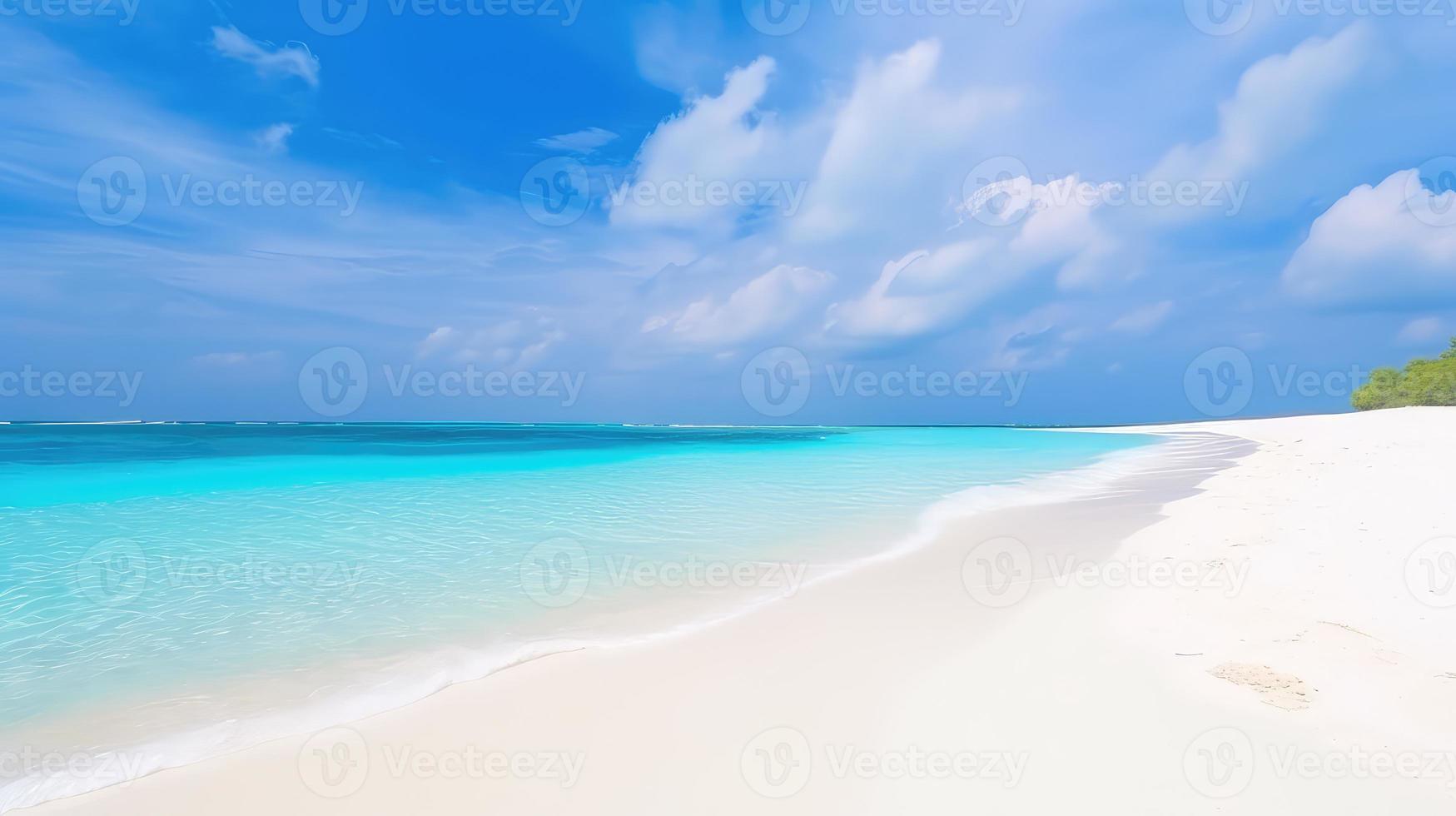 Beautiful sandy beach with white sand and rolling calm wave of turquoise ocean on Sunny day on background white clouds in blue sky. colorful perfect panoramic natural landscape. photo