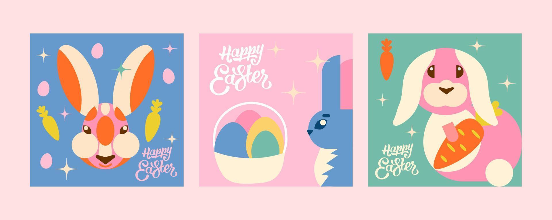 3 templates with bunnies for Easter. The minimalist design is made in a modern style and an interesting combination of pastel colors. These rabbits will make a great addition to your project vector
