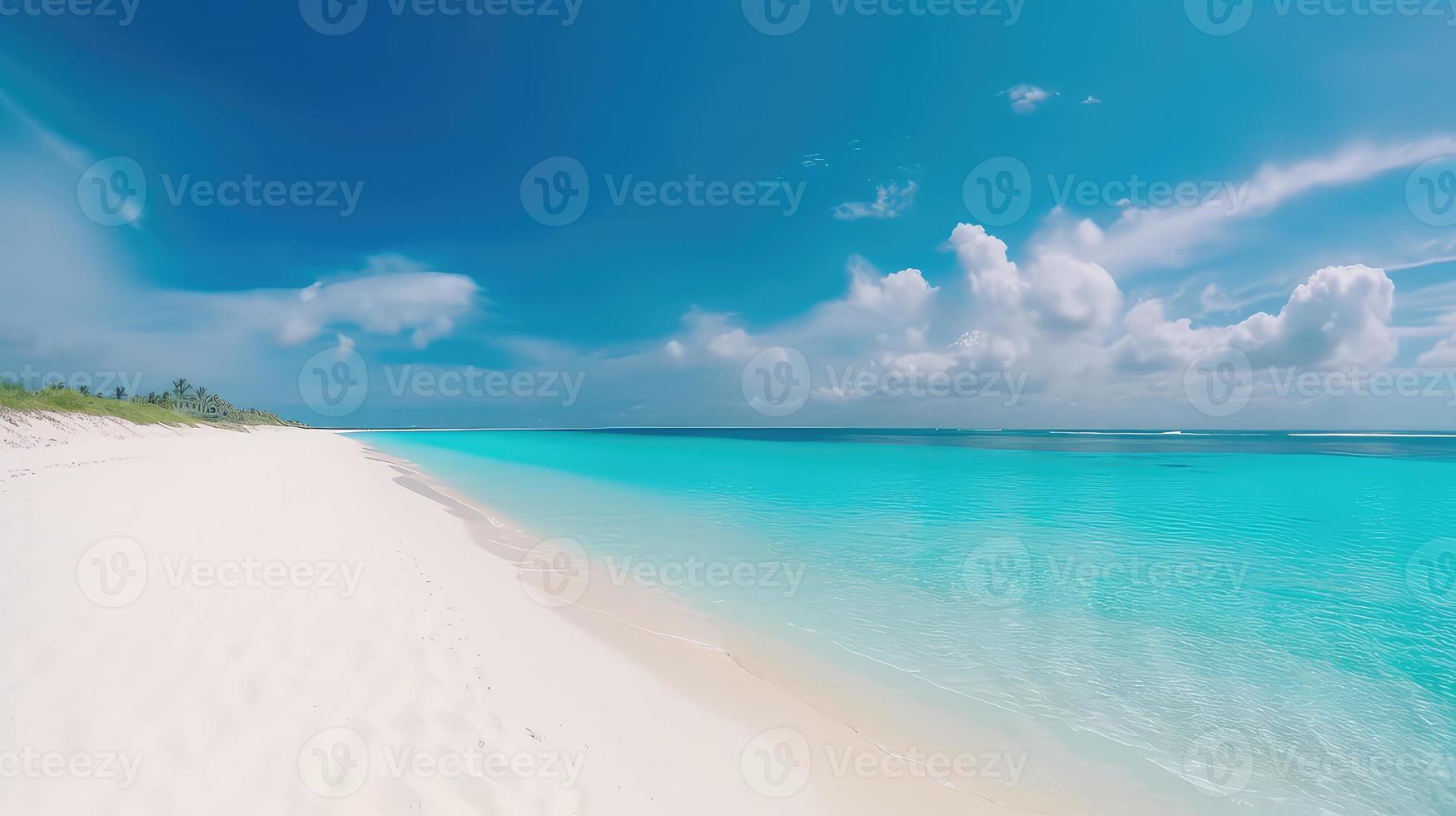 Beautiful sandy beach with white sand and rolling calm wave of turquoise ocean on Sunny day on background white clouds in blue sky. colorful perfect panoramic natural landscape. photo