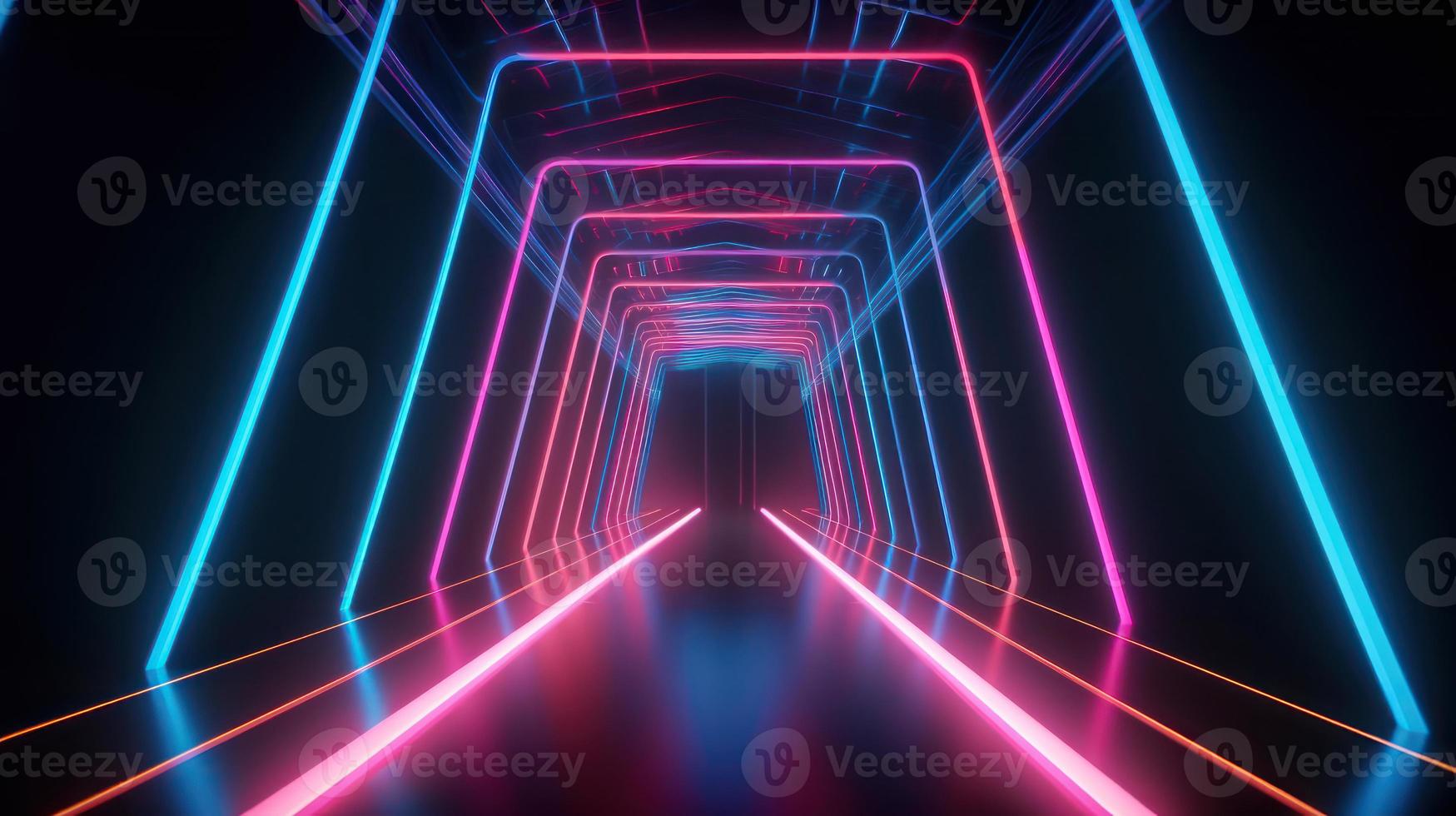 Abstract neon lights tunel background with pink and blue laser rays glowing lines 3d render. photo