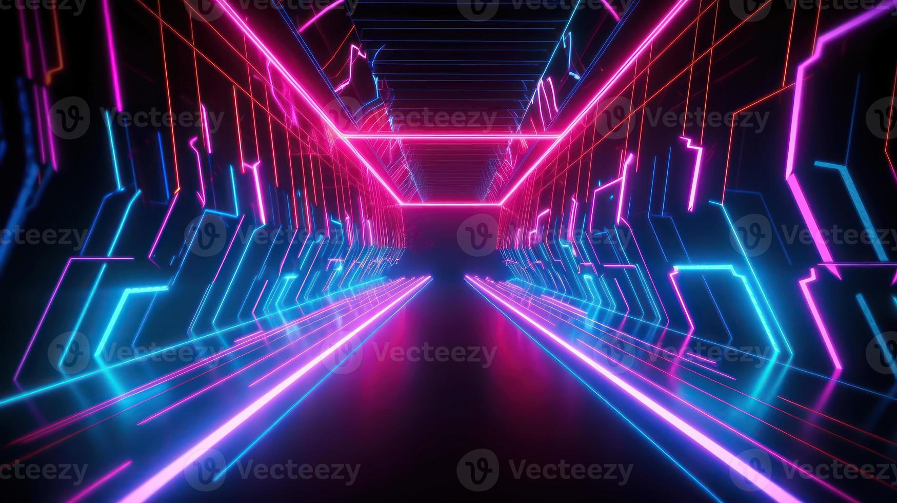 Abstract neon lights tunel background with pink and blue laser rays glowing lines 3d render. photo