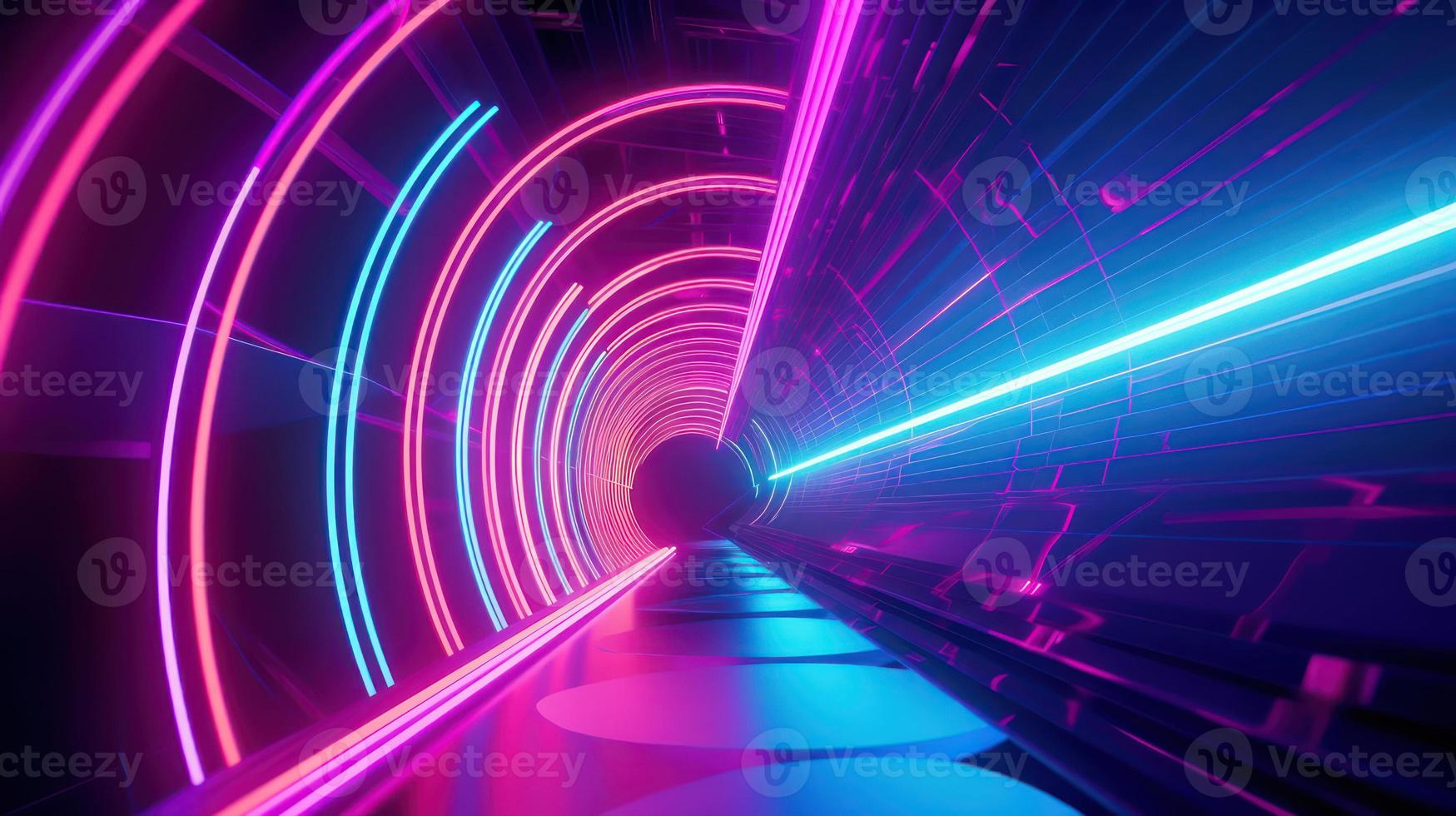 Abstract neon lights tunel background with pink and blue laser rays glowing lines 3d render. photo