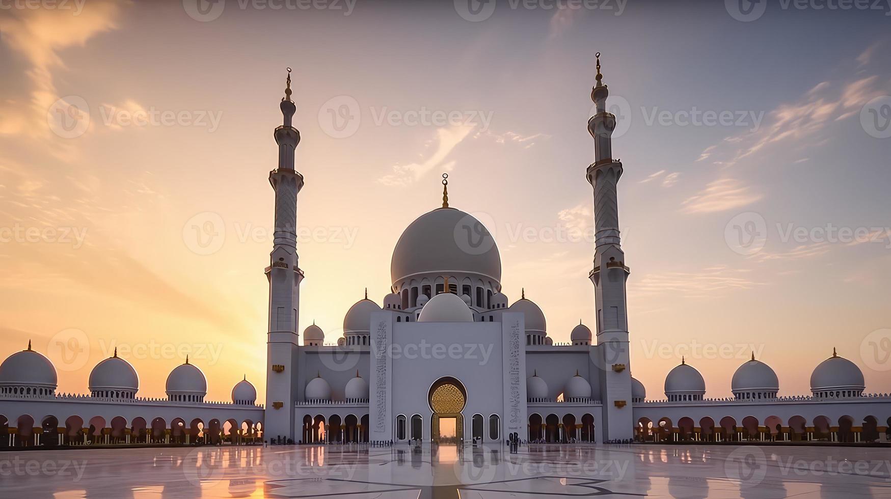 abu dhabi, eau, jeque zayed grandioso mezquita en el abu dhabi, unido árabe emiratos en un puesta de sol ver antecedentes. foto