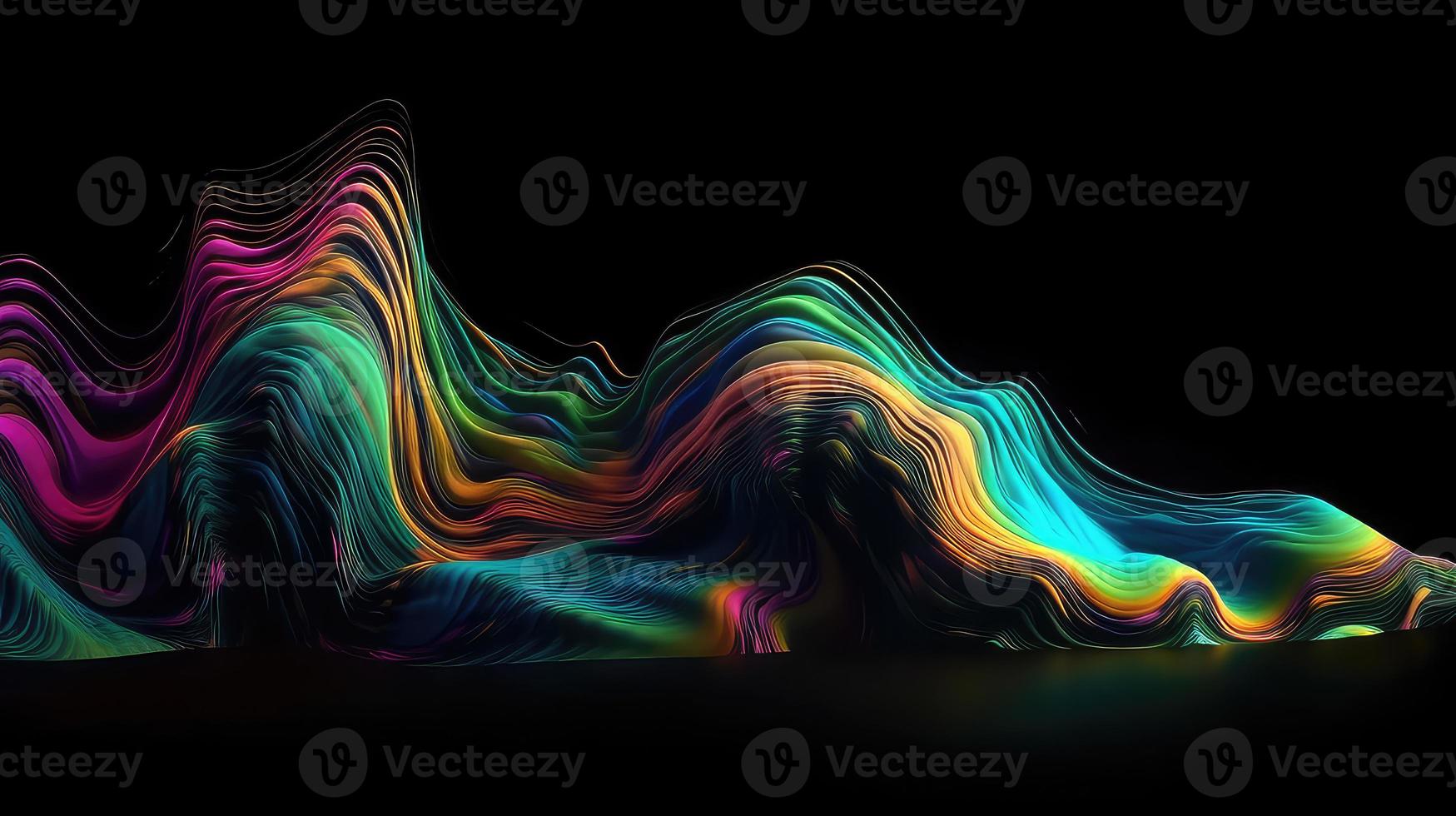 Abstract fluid 3d render holographic iridescent neon curved wave in motion dark background. photo