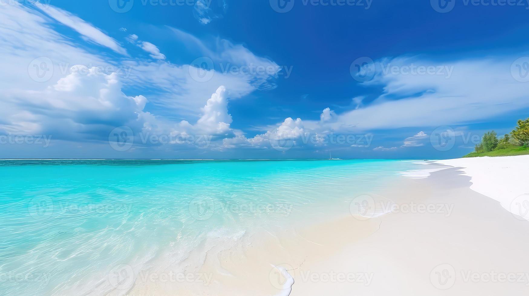 Beautiful sandy beach with white sand and rolling calm wave of turquoise ocean on Sunny day on background white clouds in blue sky. colorful perfect panoramic natural landscape. photo