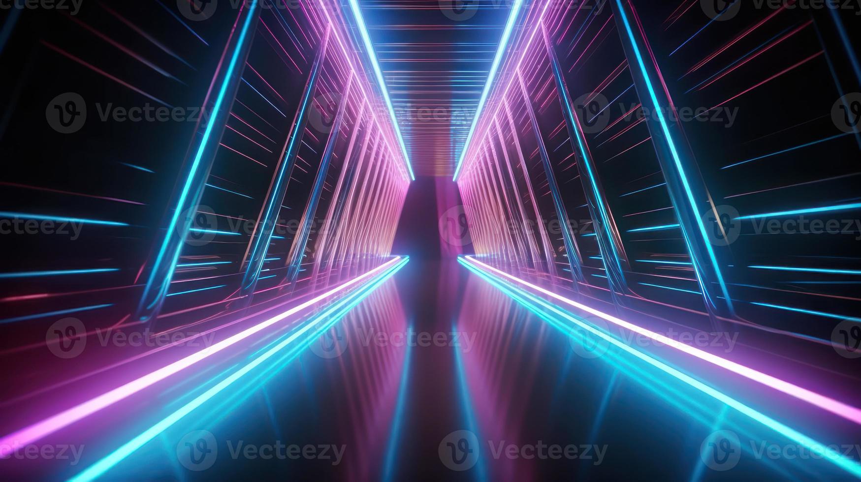 Abstract neon lights tunel background with pink and blue laser rays glowing lines 3d render. photo