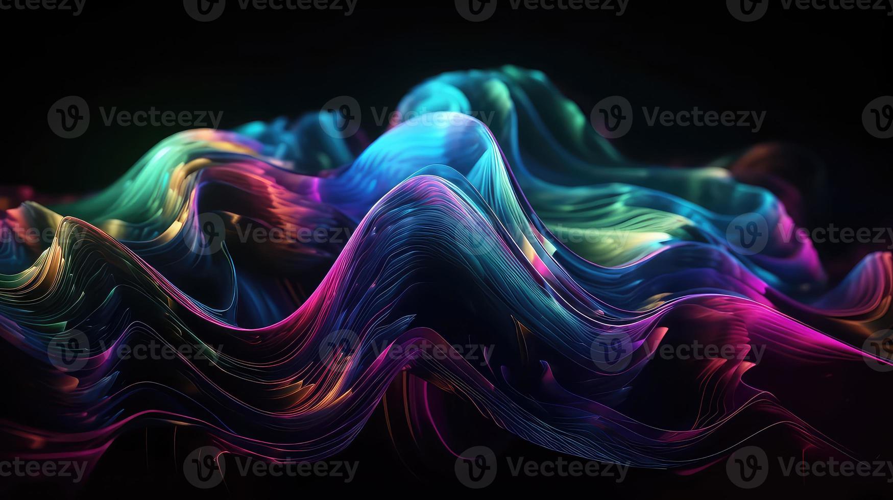 Abstract fluid 3d render holographic iridescent neon curved wave in motion dark background. photo