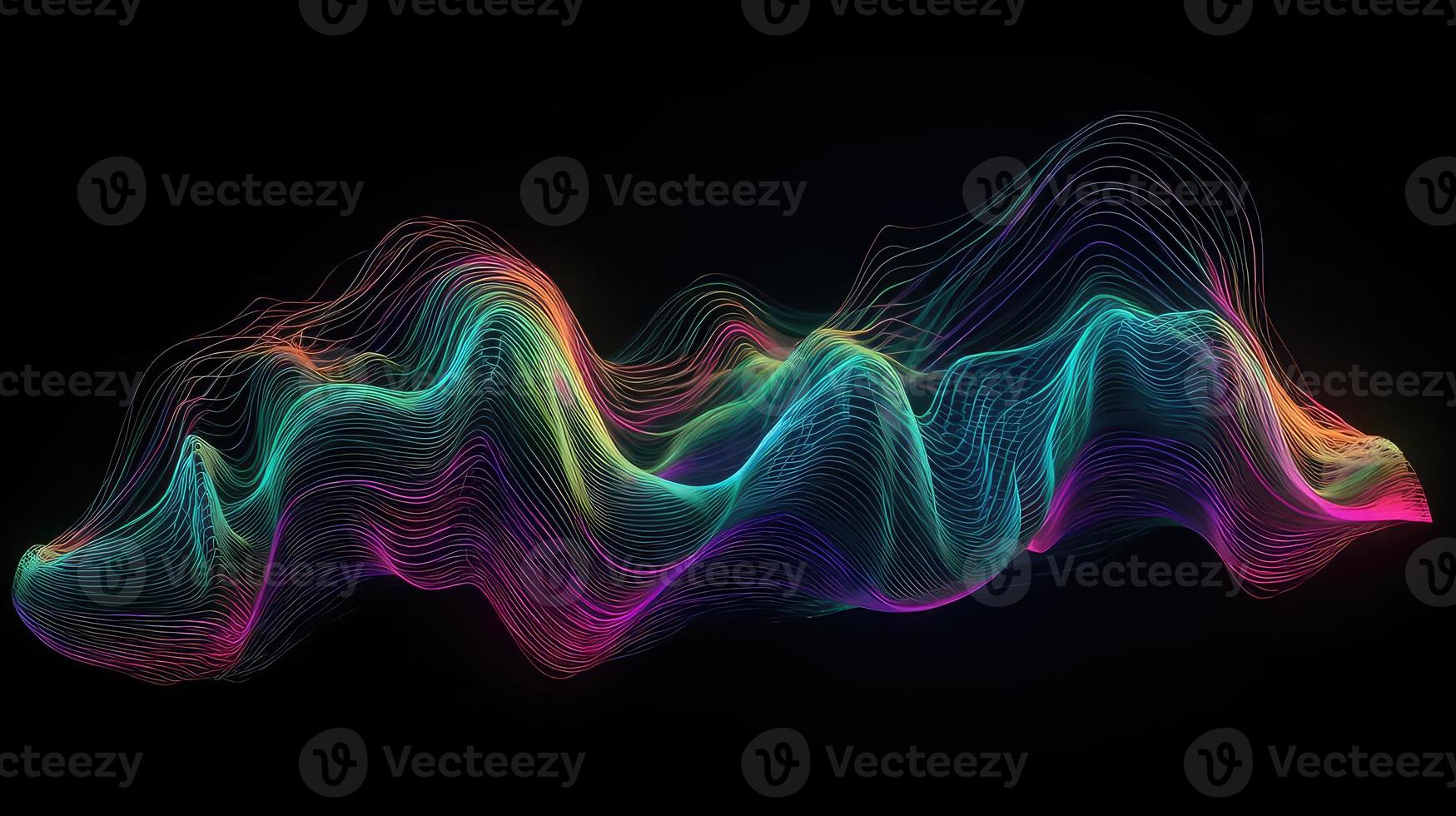 Abstract fluid 3d render holographic iridescent neon curved wave in motion dark background. photo
