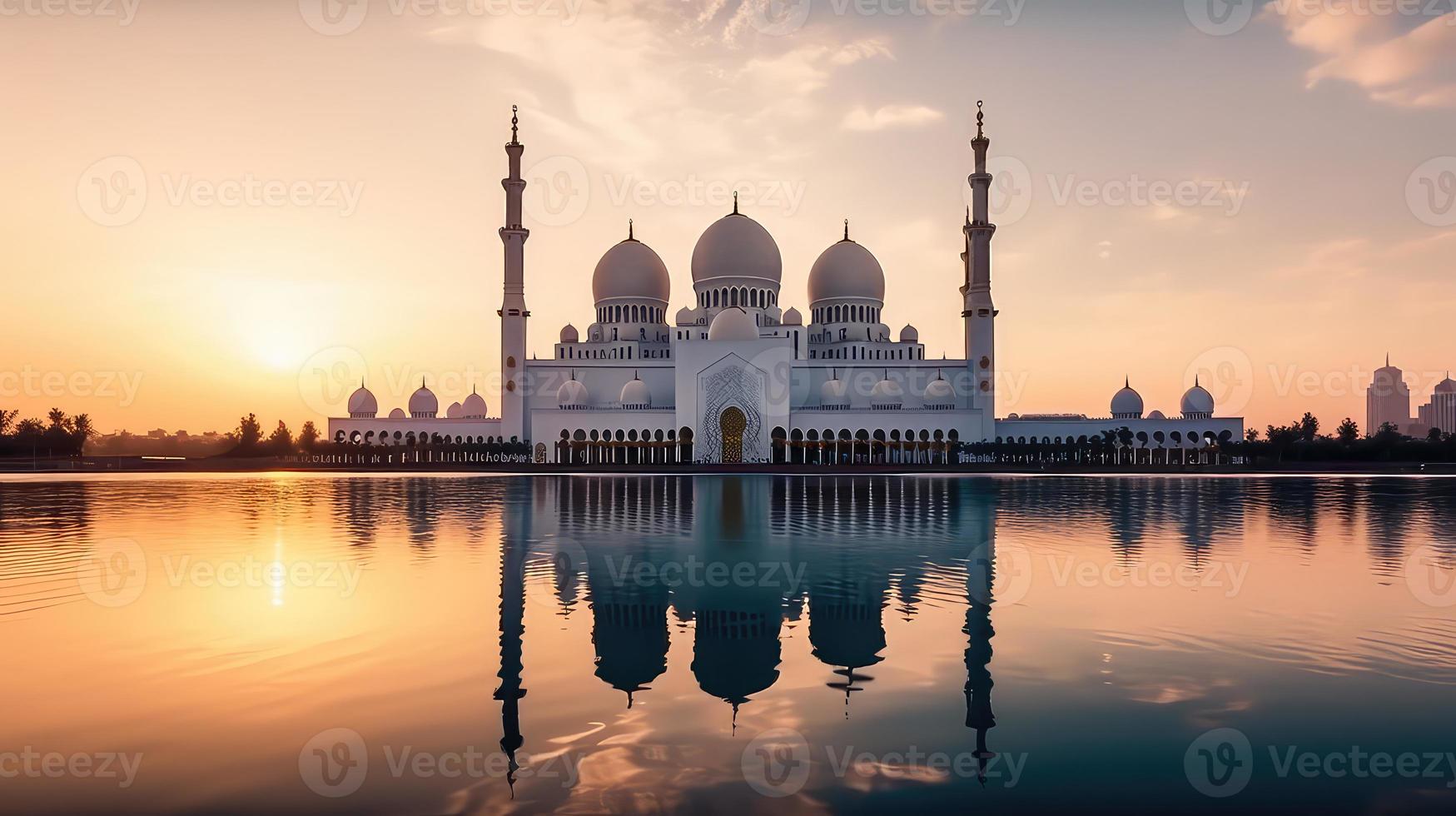 abu dhabi, eau, jeque zayed grandioso mezquita en el abu dhabi, unido árabe emiratos en un puesta de sol ver antecedentes. foto