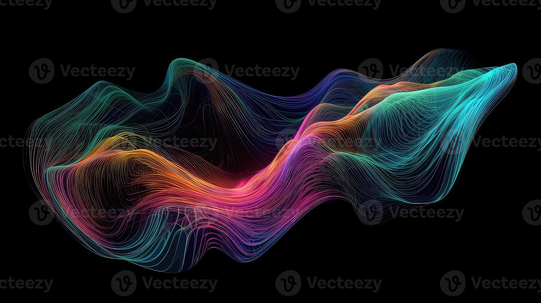 Abstract fluid 3d render holographic iridescent neon curved wave in motion dark background. photo