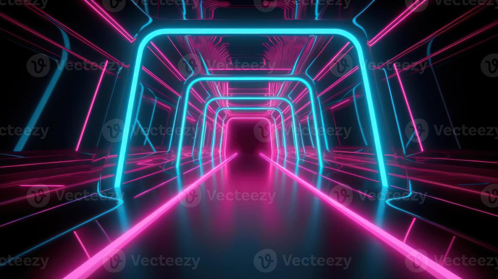 Abstract neon lights tunel background with pink and blue laser rays glowing lines 3d render. photo
