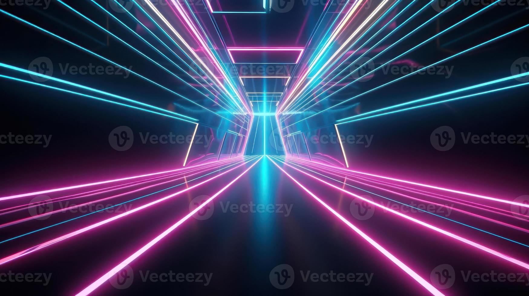Abstract neon lights tunel background with pink and blue laser rays glowing lines 3d render. photo