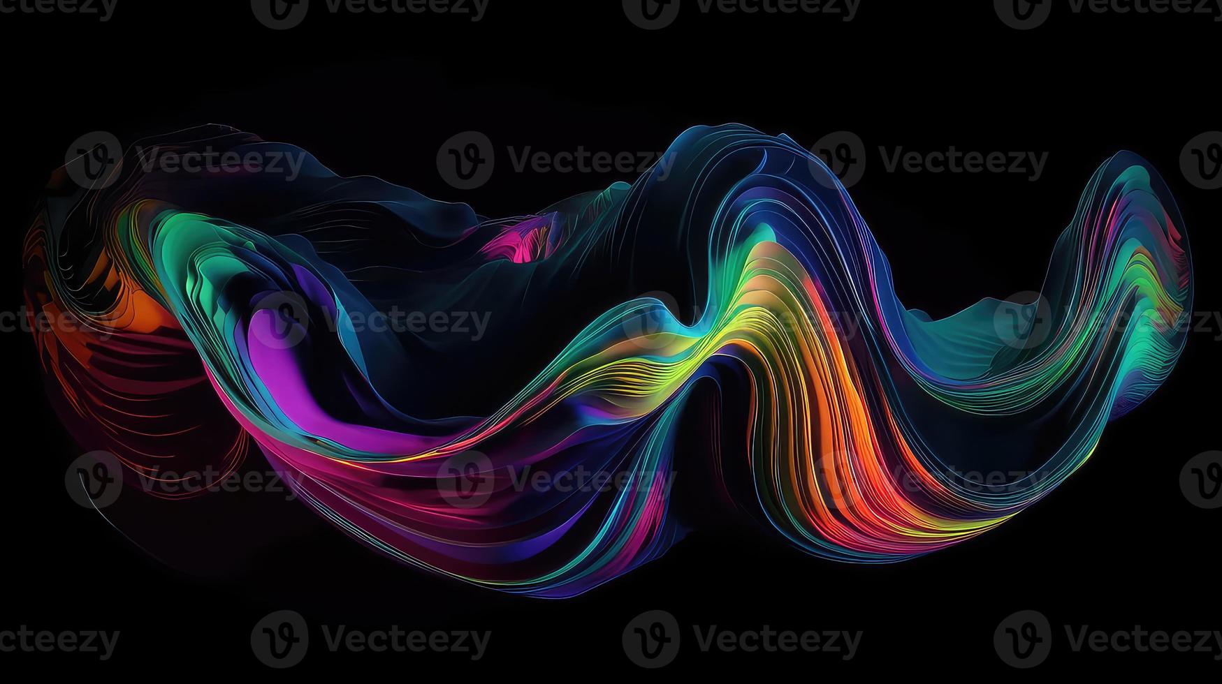 Abstract fluid 3d render holographic iridescent neon curved wave in motion dark background. photo