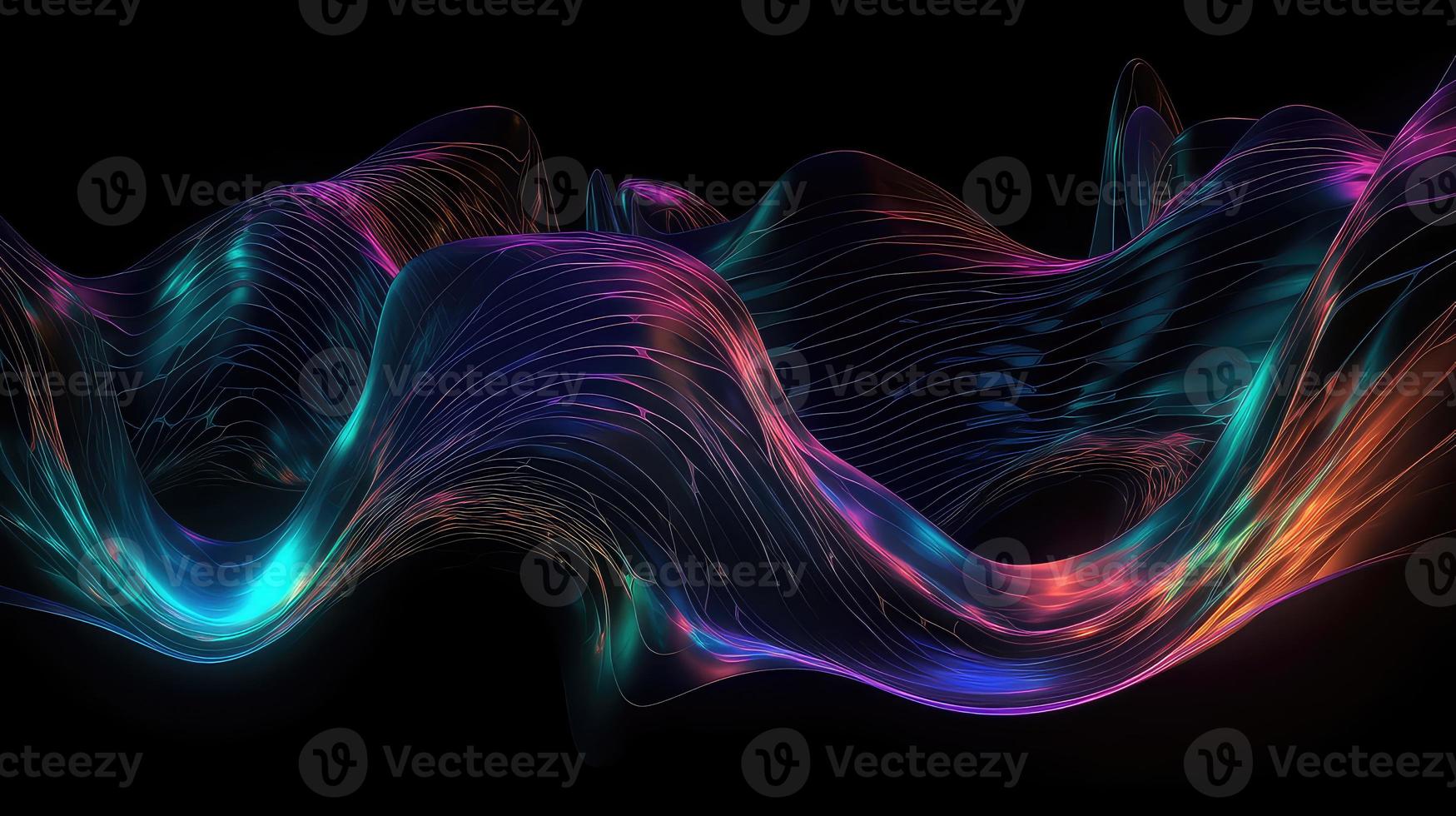 Abstract fluid 3d render holographic iridescent neon curved wave in motion dark background. photo