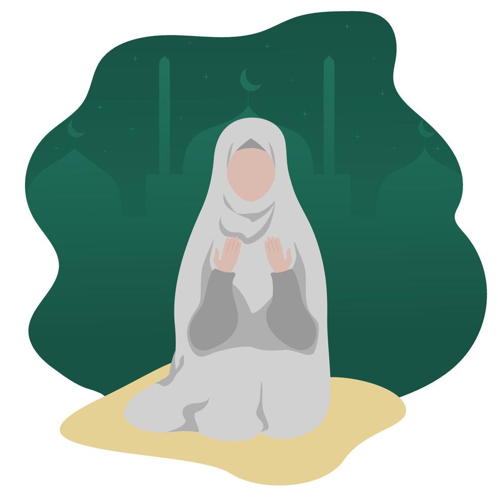 Muslim woman prays on the background of the mosque. vector