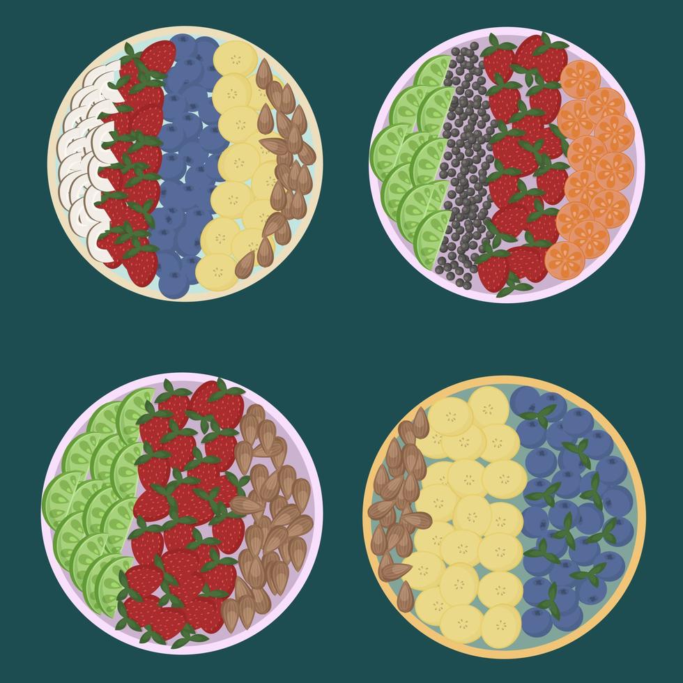 Set of acai bowls. Latin American healthy food. Illustration on the theme of Brazilian cuisine vector