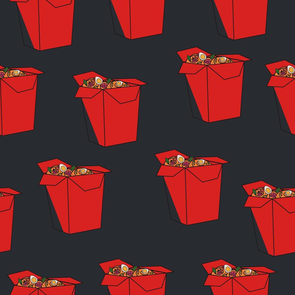 Chinese wok noodles to go in red and black colors. Seamless pattern with asian food vector
