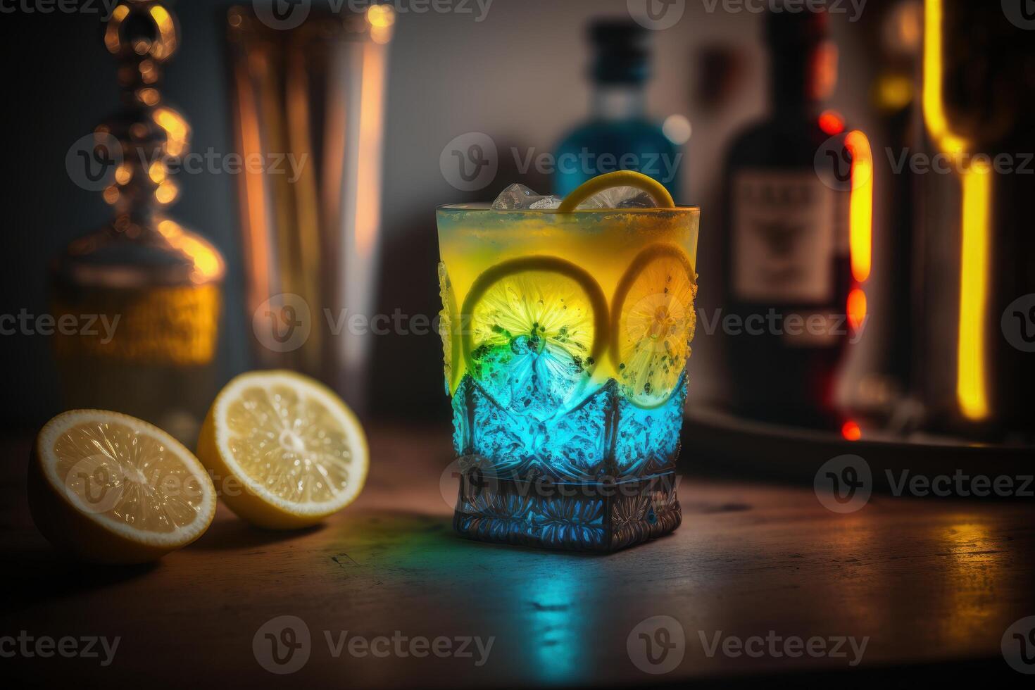 A glass of cocktail with glowing light background. Created photo