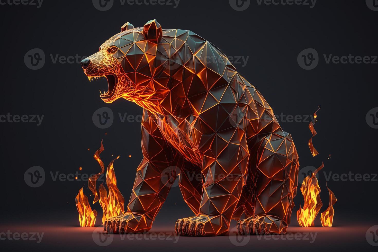 Fire sculpture of a Bear, Bearish in Stock market and Crypto currency. photo