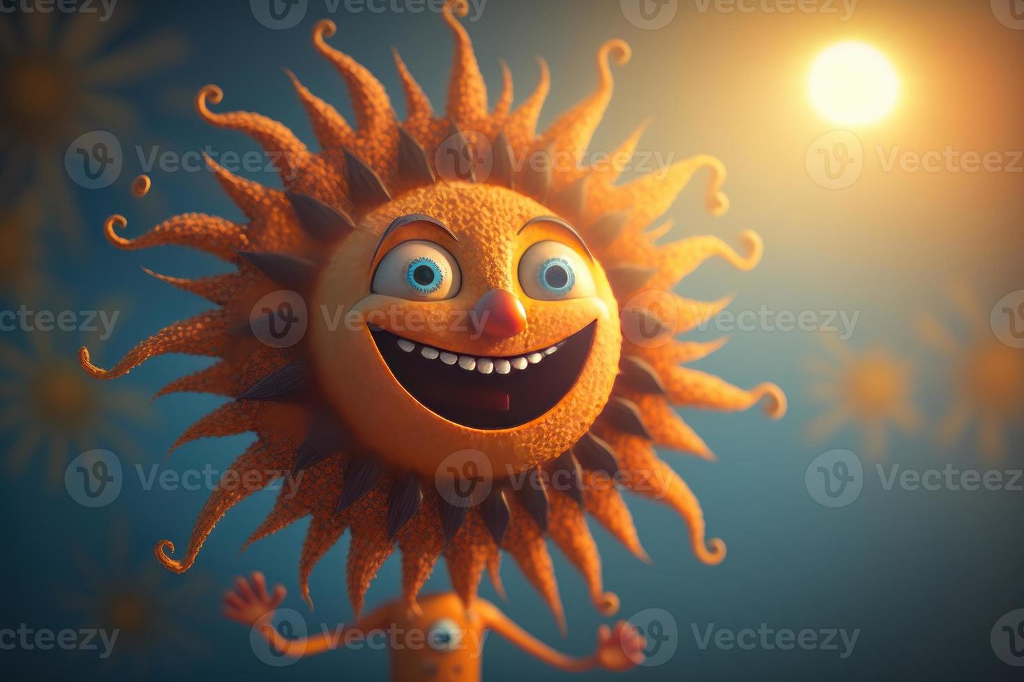 Joyful sun character laughting in fantasy world background. Created Generativa ai photo