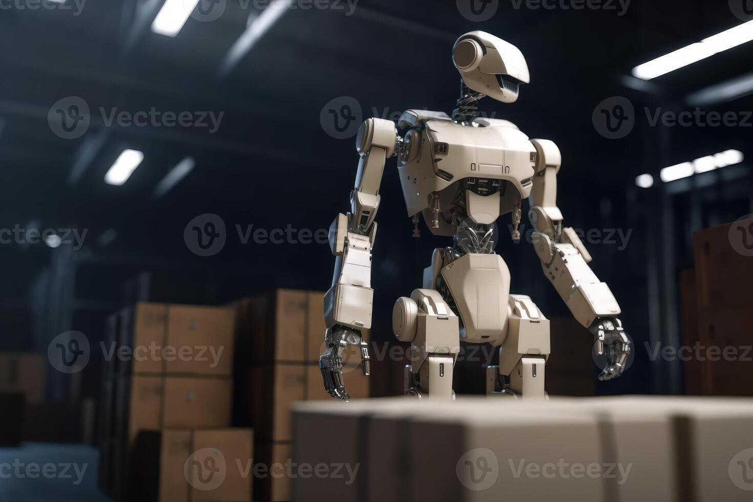 Smart Robotic observes and check in warehouse, Distribution logistics center concept. Created photo