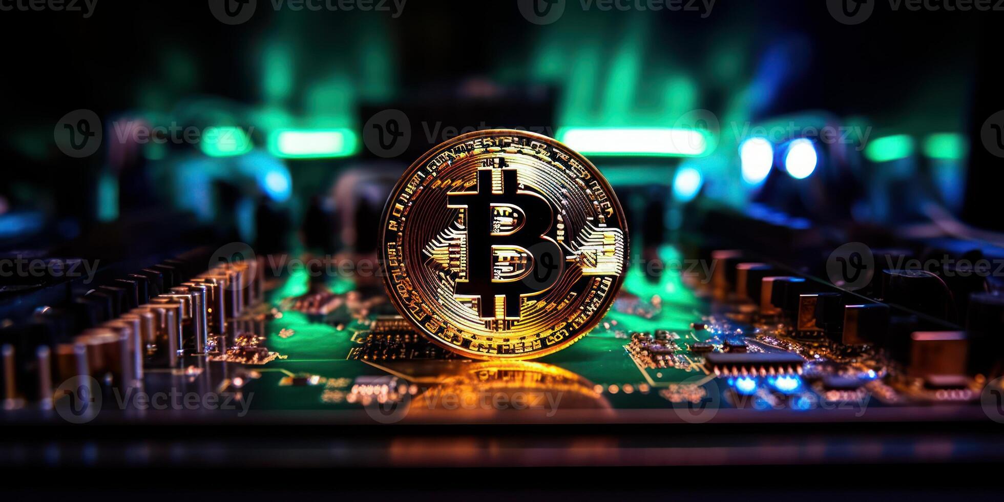 Golden bitcoin with computer circuit background, Crypto currency investment concept. photo