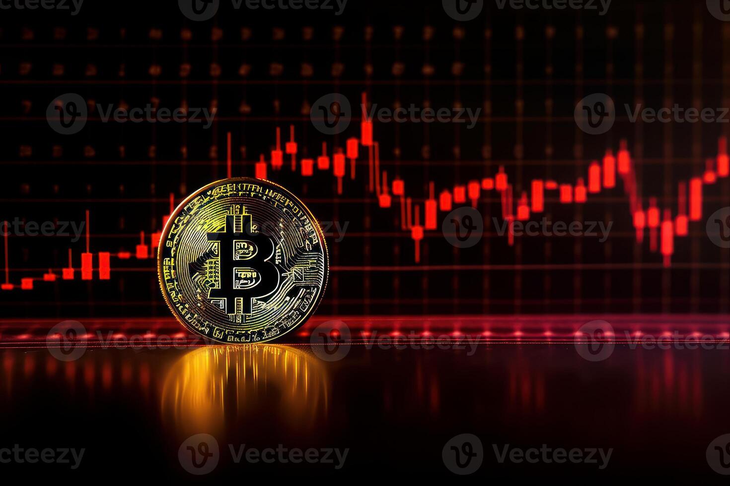 Bitcoin with red graph on computer screen background, Crypto currency trading. photo