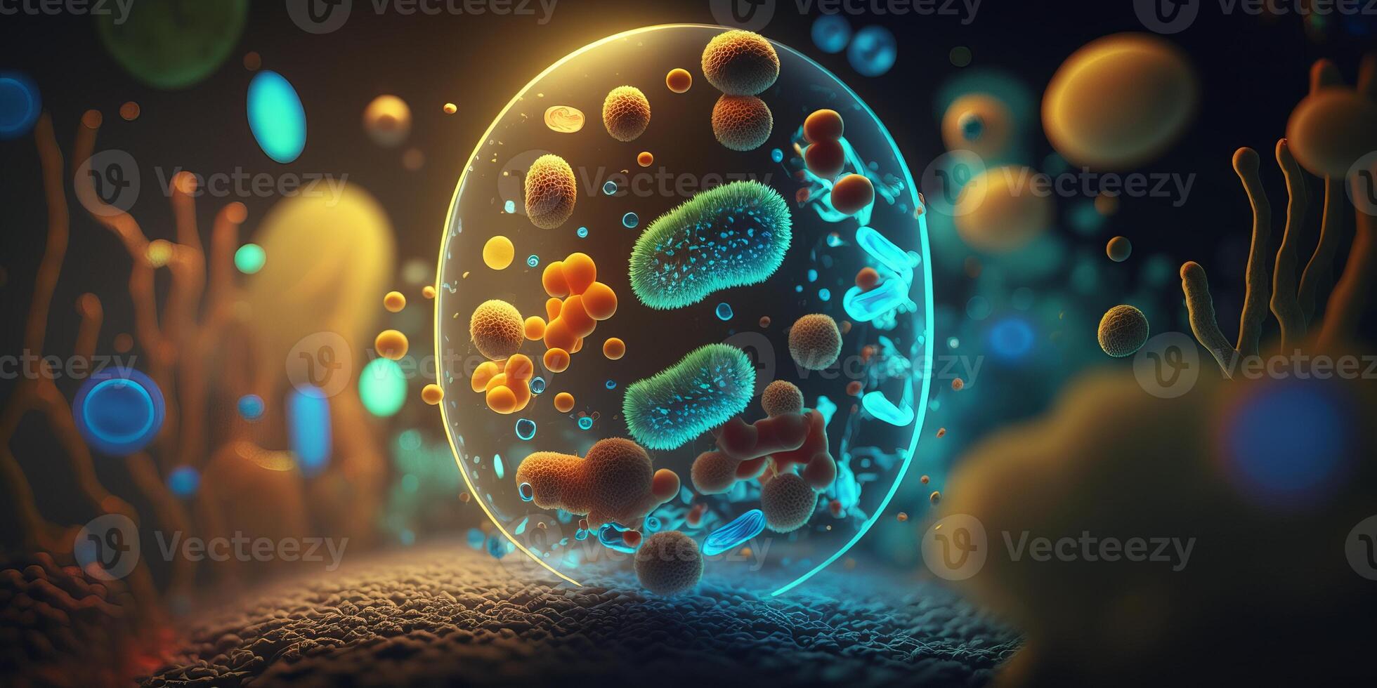 Bacteria cells under microscope background, Bacteria disease epidemic. photo