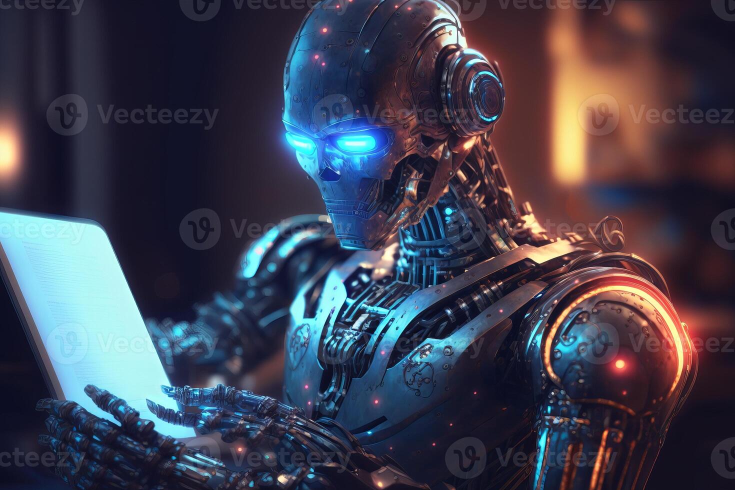 Ai Robot working using tablet. Futuristic Humanoid worker. photo