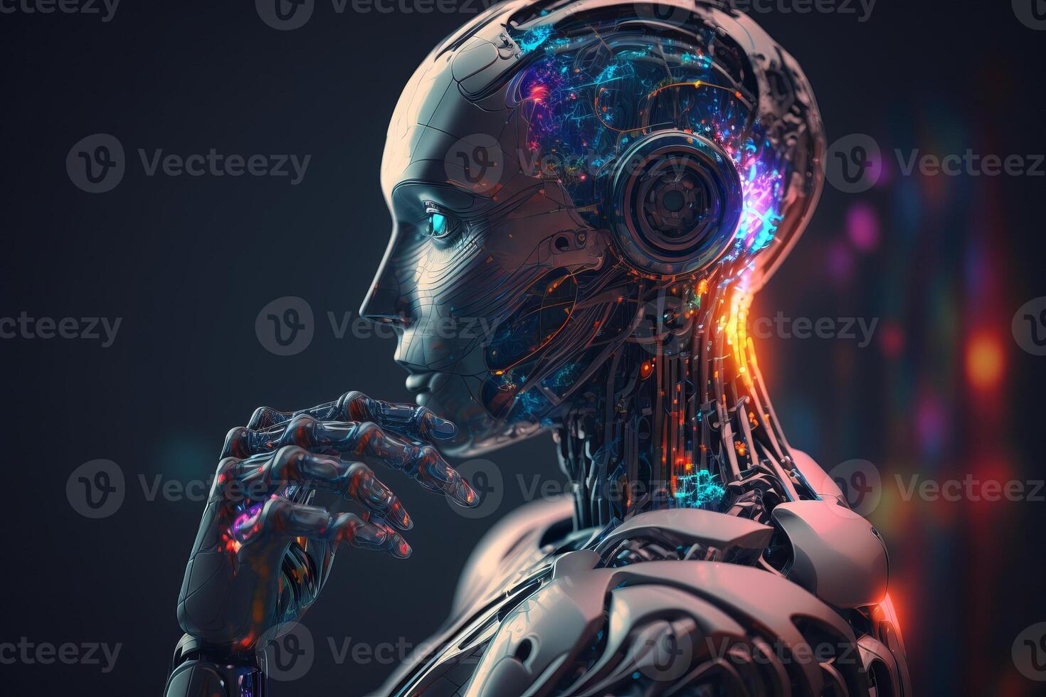 Ai robot thinking with hand on chin artificial intelligence glowing
