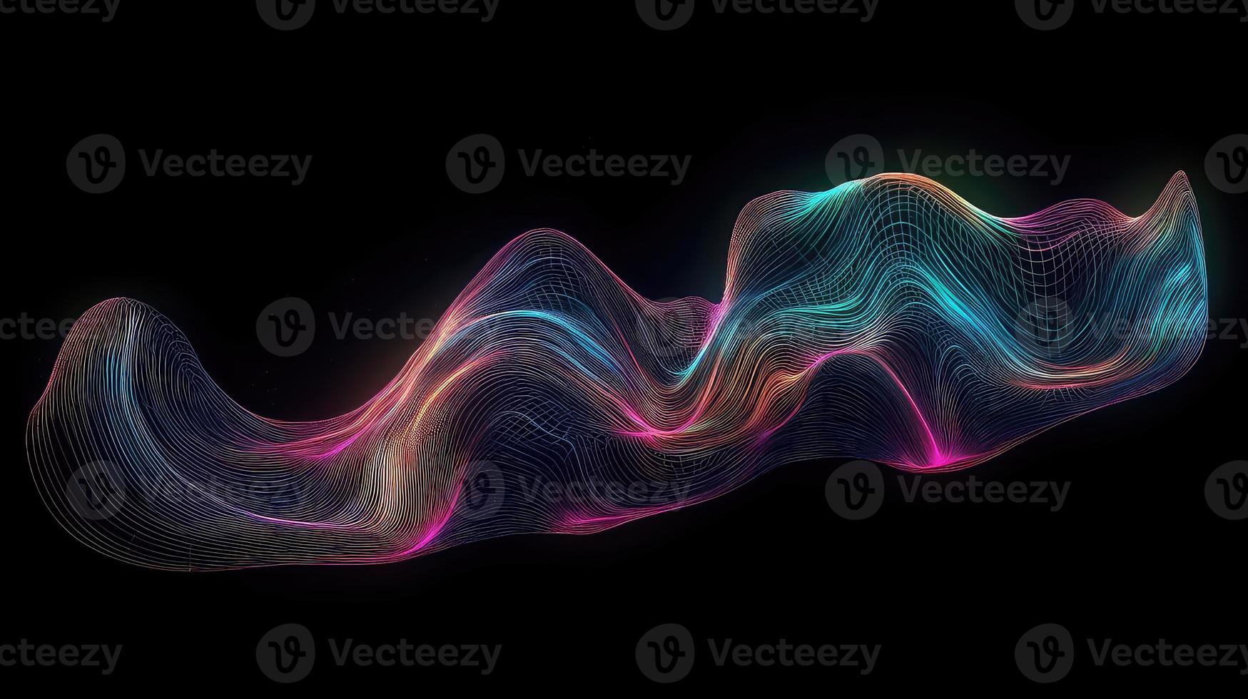 Abstract fluid 3d render holographic iridescent neon curved wave in motion dark background. photo