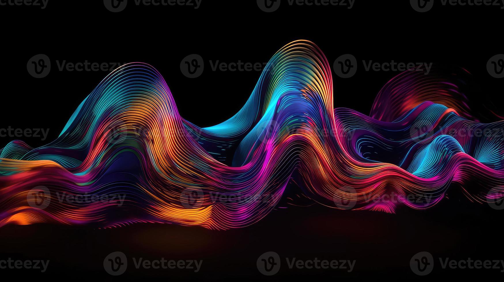 Abstract fluid 3d render holographic iridescent neon curved wave in motion dark background. photo