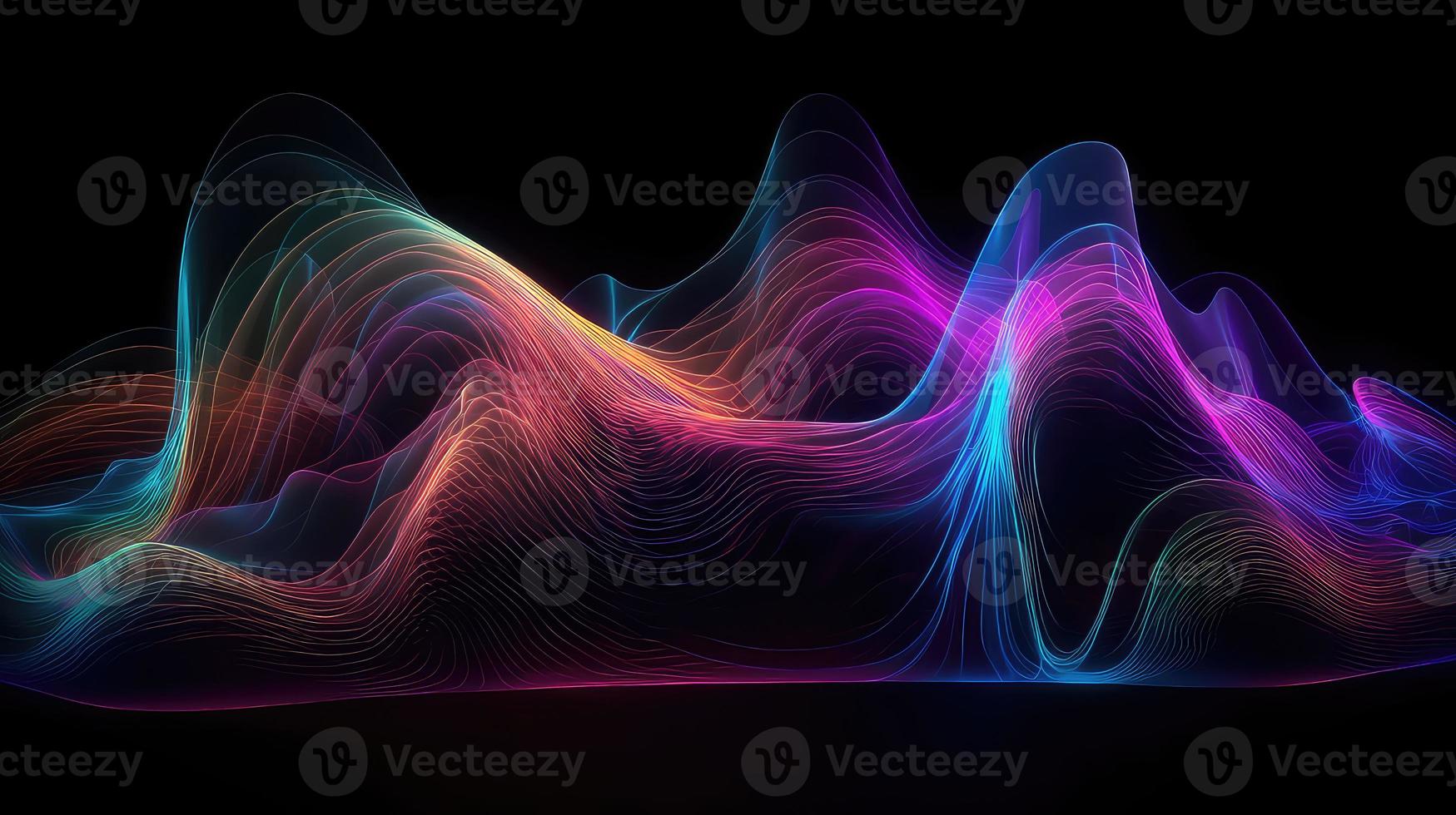 Abstract fluid 3d render holographic iridescent neon curved wave in motion dark background. photo