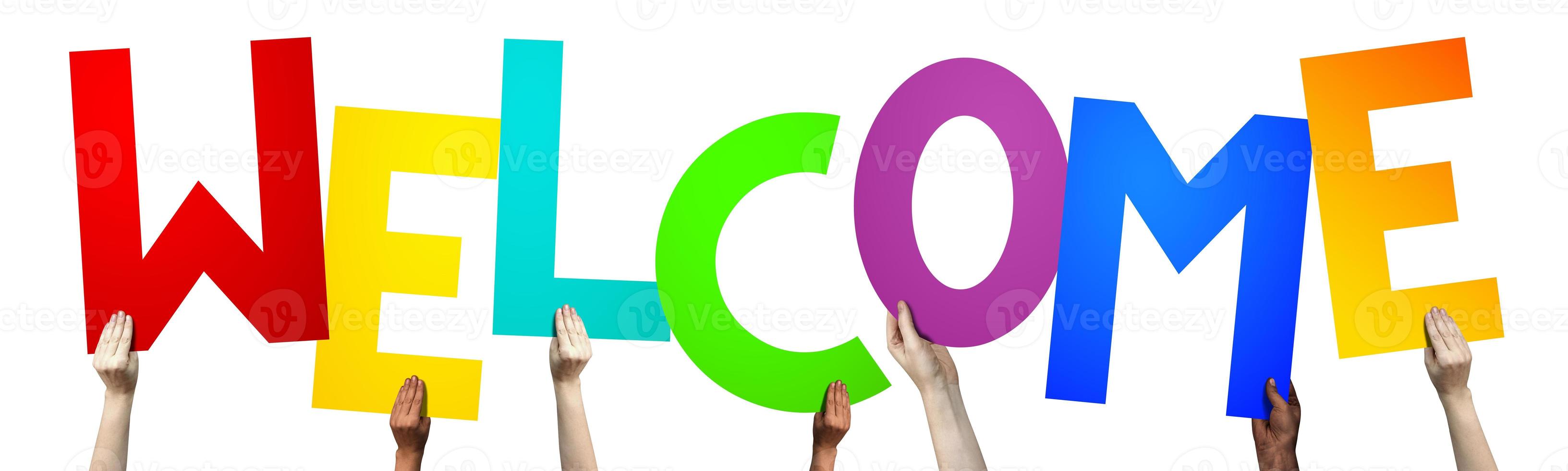 Welcome - Human Hands Holding Colorful Letters photo