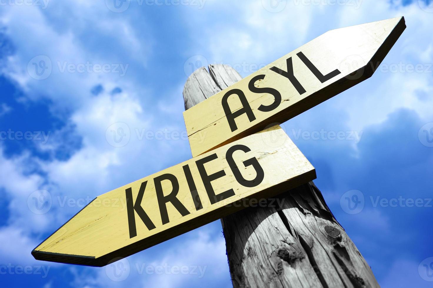 Asylum or War in German - Wooden Signpost with Two Arrows and Sky in Background photo