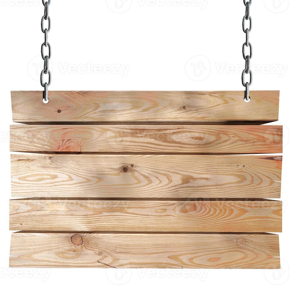 Wooden Board Hanging on Chains Isolated on White Background photo
