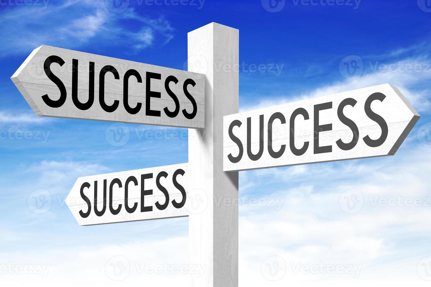 Success - Wooden Signpost with Three Arrows and Sky in Background photo