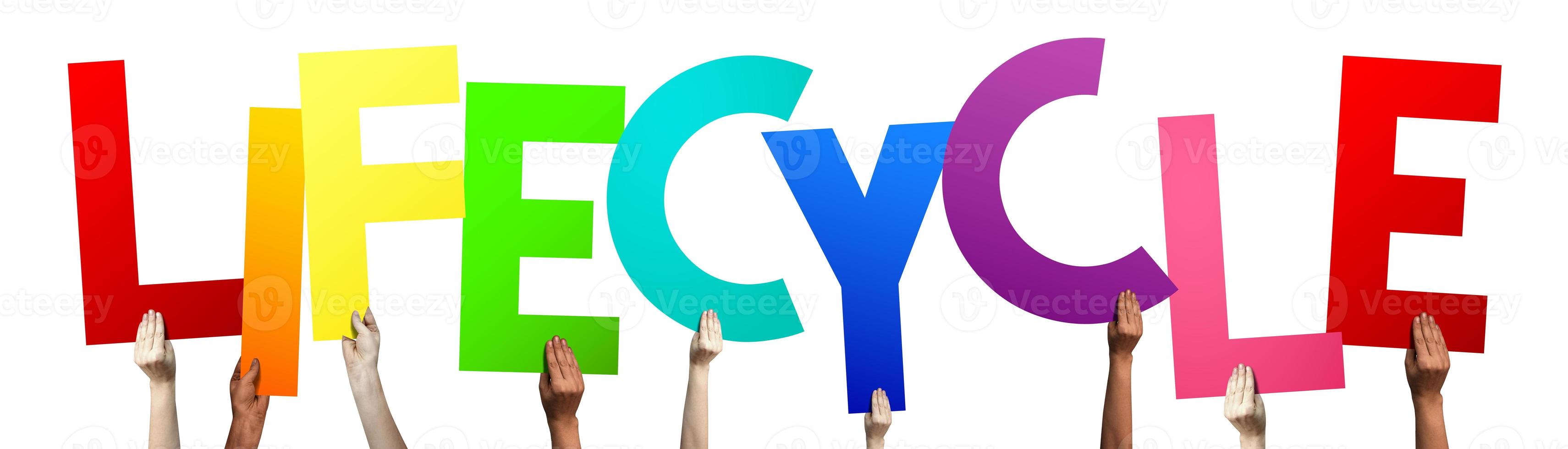 Lifecycle - Human Hands Holding Colorful Letters photo