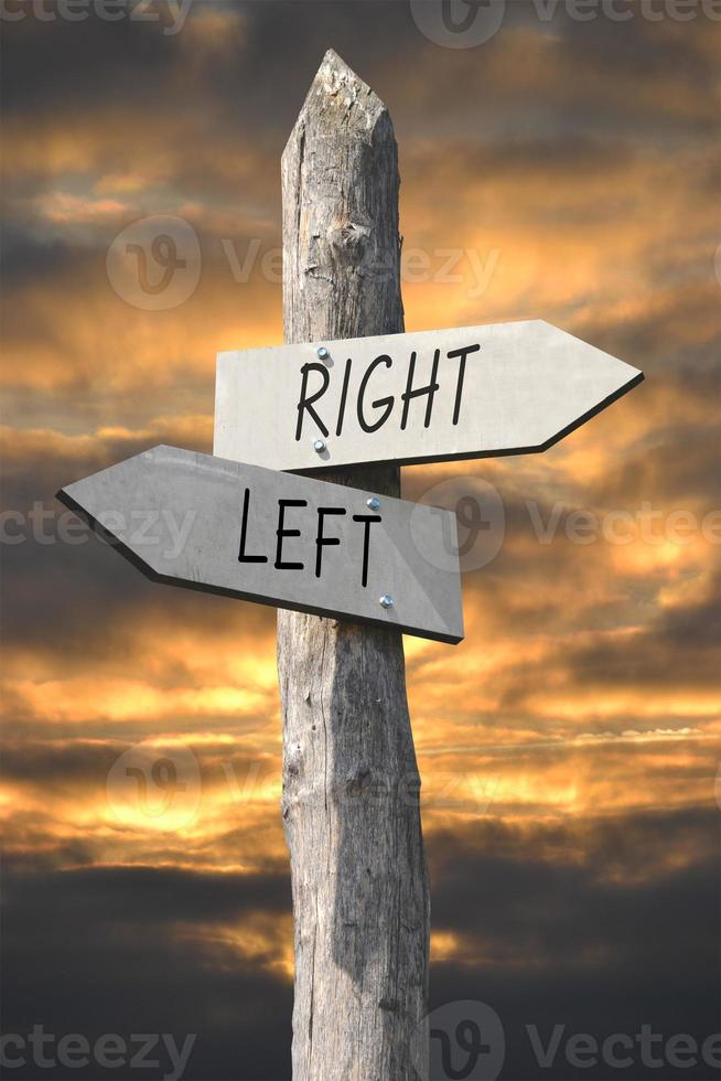 Right and Left - Wooden Signpost with Two Arrows and Sunset Sky photo