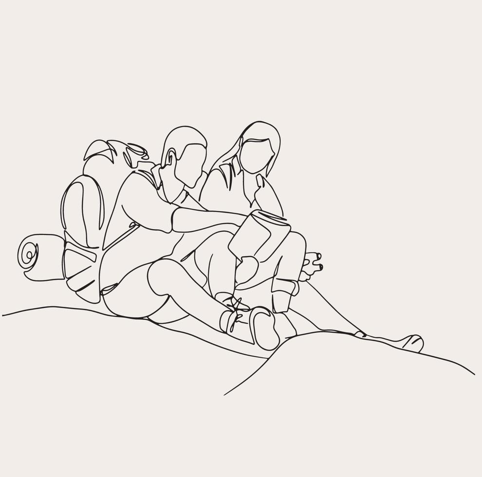 Minimalist Hiking Line art, Friends Sport print, Outline Drawing, Hiker Sketch vector