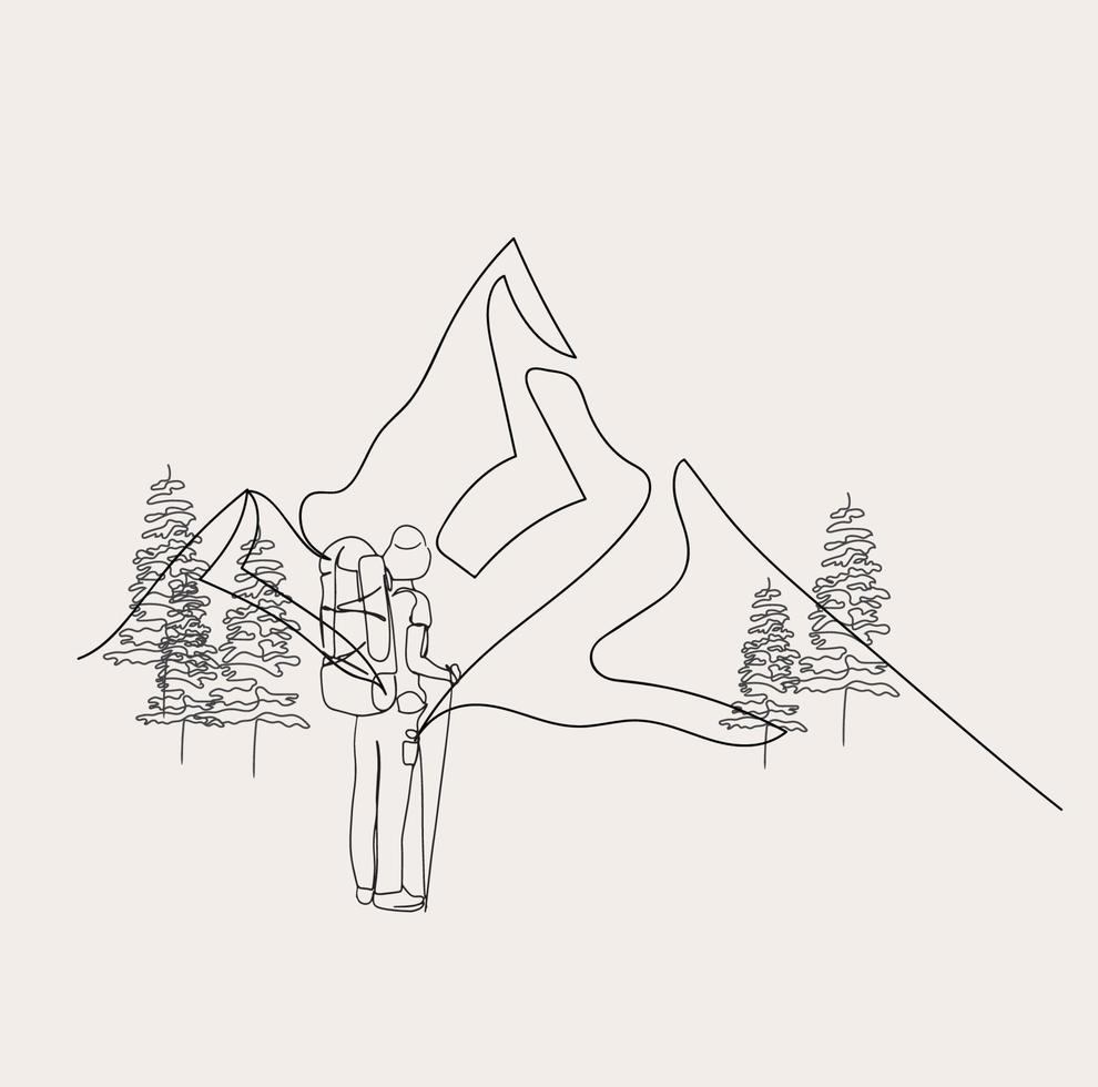 Minimalist Hiking Line art, Friends Sport print, Outline Drawing, Hiker Sketch, Minimalist Mountain Line Art, Landscape Outline Drawing, Sport Illustration, Vector Design, Nature, Pine Tree, Woods