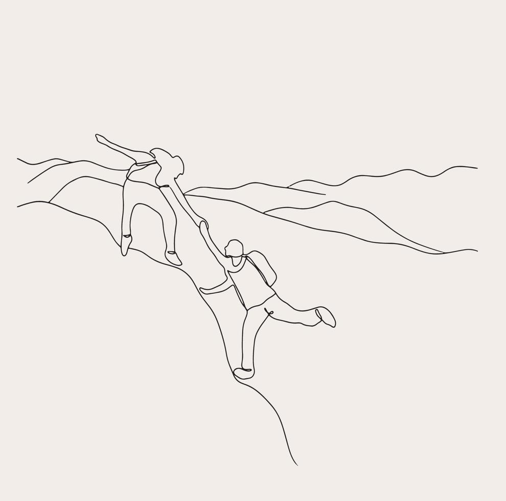 Minimalist Hiking Line art, Friends Sport print, Outline Drawing, Hiker Sketch vector