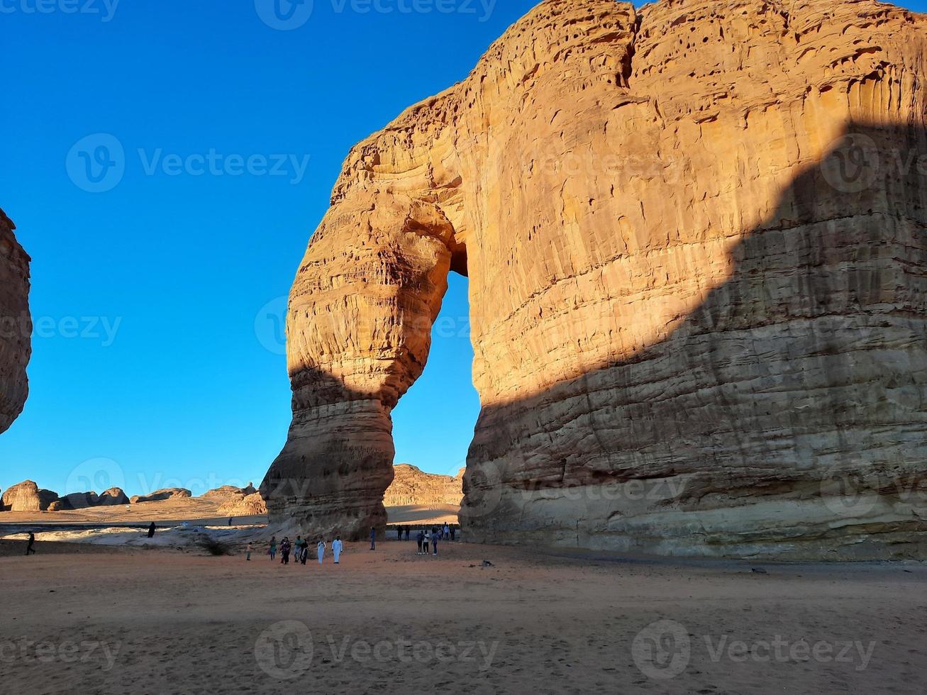 Beautiful evening view of Elephant Rock in Al-Ula, Saudi Arabia. Tourists flock in large numbers to see Elephant Rock. photo